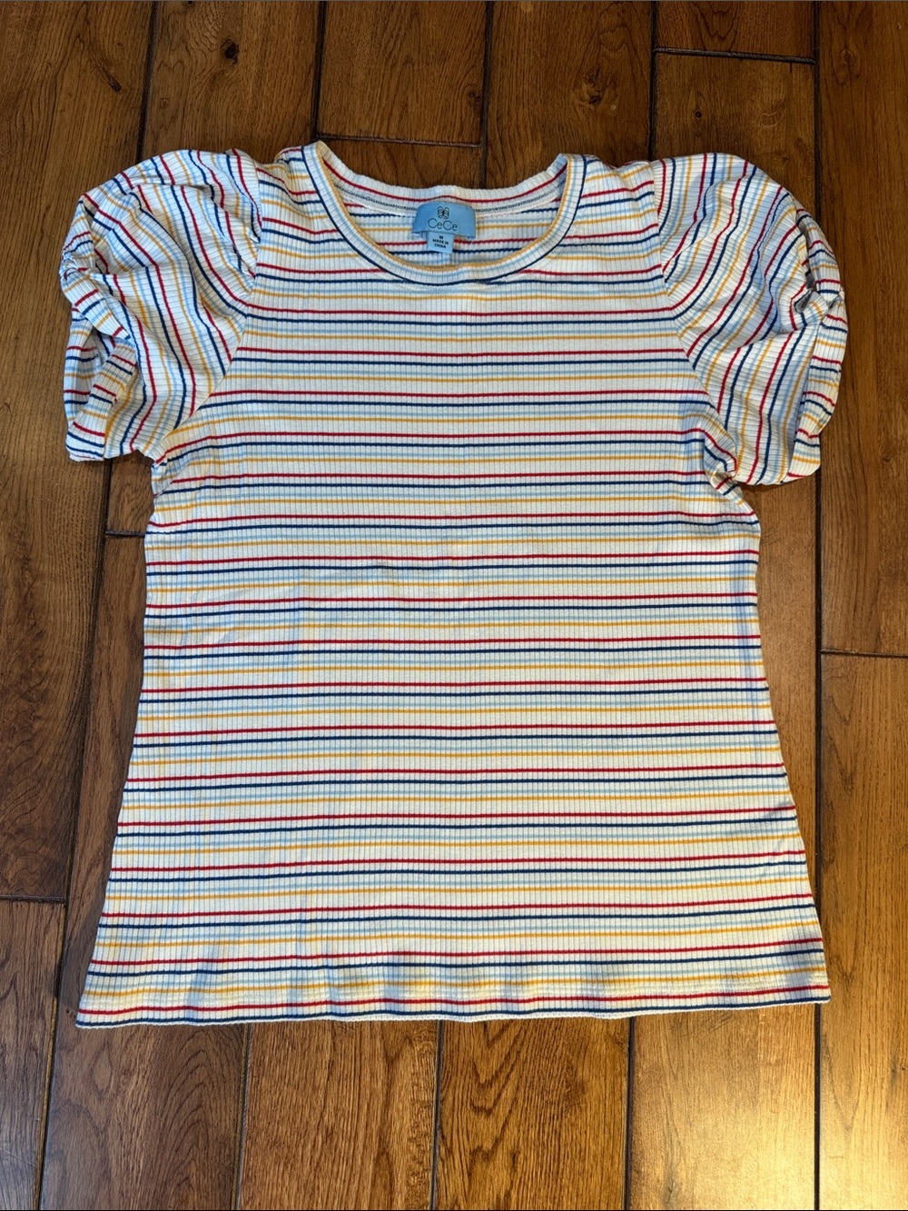 CeCe Striped Ribbed Tee in Cream with Red, Blue & Yellow Stripes